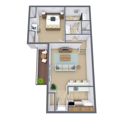 Floor plan for 1 bed, 1 bath, 716 sqft